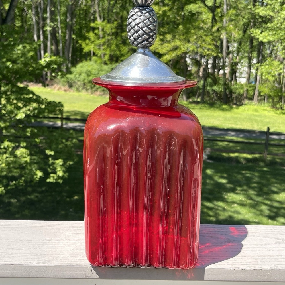 Ruby Red Apothecary Canister‎ Jar Hand Blown In Mexico W/ Pewter Pineapple Lid